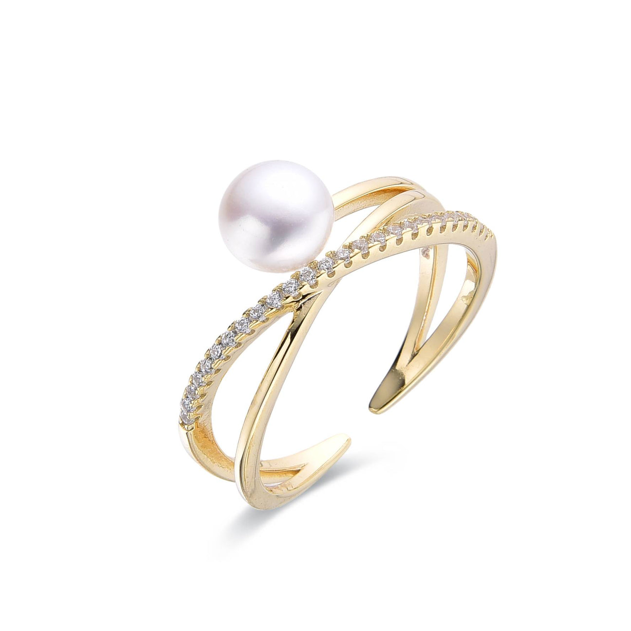 Ring Adjustable Pearl Crossover Sterling Silver Zirconias.-Rings-GULI GULI