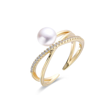 Ring Adjustable Pearl Crossover Sterling Silver Zirconias.-Rings-GULI GULI