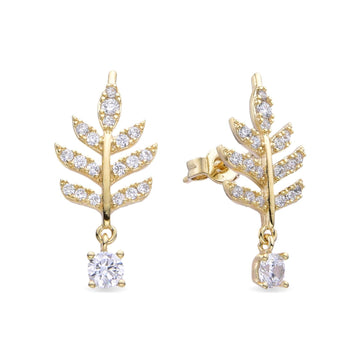 Elegant 925 Silver Earrings with 18k Gold Plated with Leaf Design Covered with Zirconia-Earrings-YIA SILVER